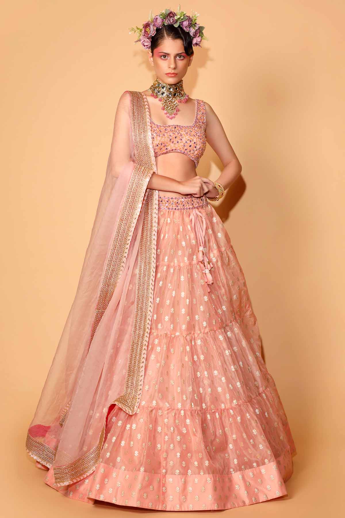 Designer Neha Khullar Peach Embroidered Lehenga Set for Women Online